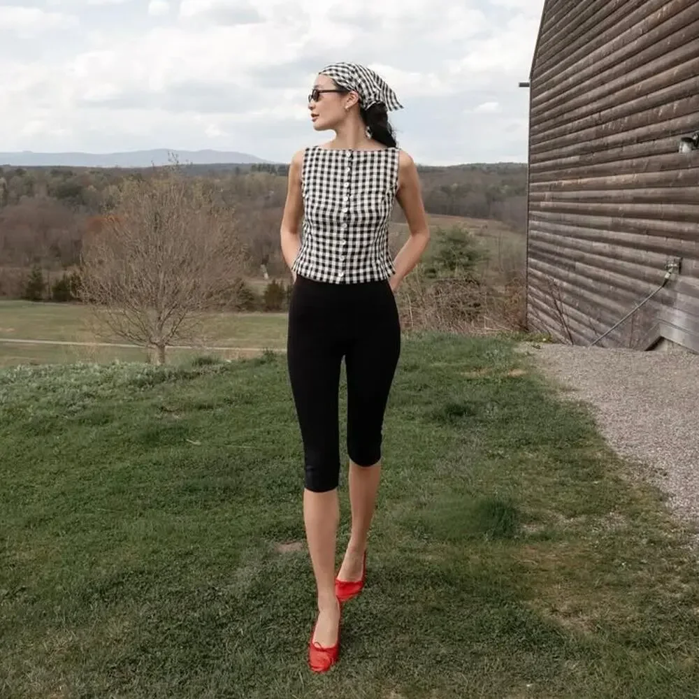 Doen Hayden Linen Button Boatneck Sleeveless Top Black Marilyn Gingham White - Picture 6 of 14